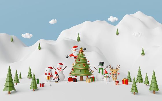 Merry Christmas and Happy New Year, Christmas celebration with Santa Claus and friend at the snow mountain, 3d rendering