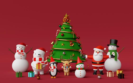 Merry Christmas and Happy New Year, Christmas tree with cute Christmas character on red background, 3d rendering