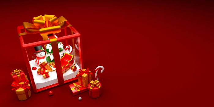 Snowman and Christmas tree within gift box, 3d illustration