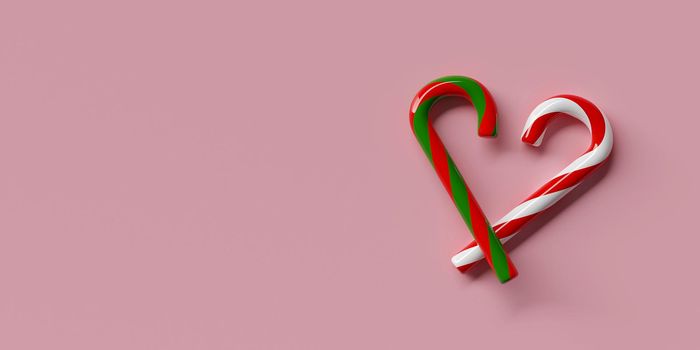 Merry Christmas and Happy New Year, Christmas candy can heart shape on pink background, 3d rendering
