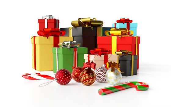 Christmas background of Christmas gifts and decoration, 3d rendering