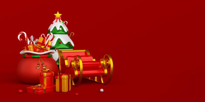 Christmas banner of Christmas bag and sleigh on red background, 3d illustration