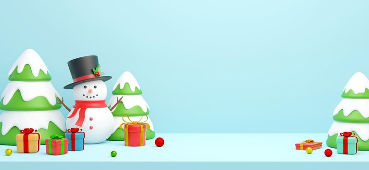 Christmas banner postcard scene of Snowman with Christmas tree and presents, 3d illustration