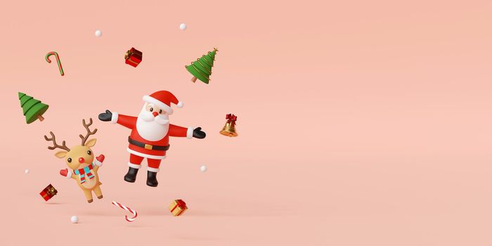 Merry Christmas and Happy New Year, Santa Claus and reindeer with Christmas decoration, 3d rendering