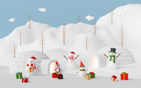 Merry Christmas and Happy New Year, Christmas celebration at the snow mountain, 3d rendering