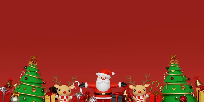 Merry Christmas and Happy New Year, Background of Santa Claus and reindeer with Christmas gifts, 3d rendering