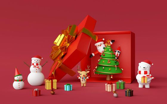 Merry Christmas and Happy New Year, Christmas tree in gift box with Christmas ornament, Celebration with Santa Claus and friend, 3d rendering