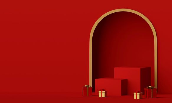Merry Christmas and Happy New Year, Scene of red podium and Christmas gift with copy space, 3d rendering