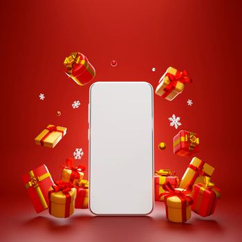 Scene of Smartphone with Christmas gift for shopping online advertisement, 3d illustration