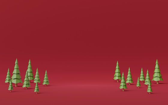 Scene of red background blank space with pine forest, 3d rendering