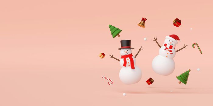 Merry Christmas and Happy New Year, Snowman with Christmas decoration, 3d rendering