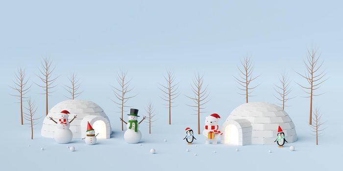 Merry Christmas and Happy New Year, Christmas banner of snowman and friend with igloo, 3d rendering