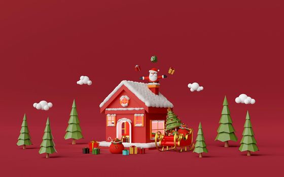 Merry Christmas and Happy New Year, Red house in the pine forest with Santa Claus in chimney, 3d rendering