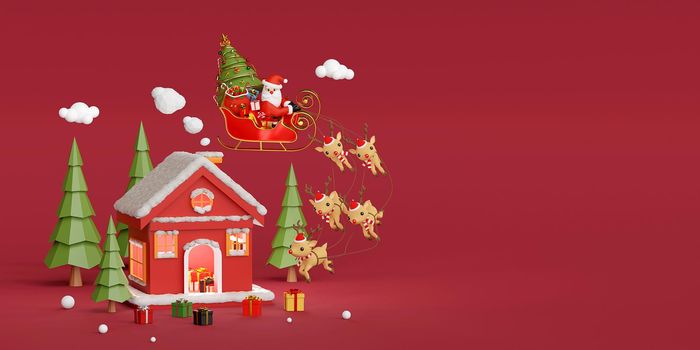 Merry Christmas and Happy New Year, Banner of Red house in the pine forest with Christmas gifts given by Santa Claus, 3d rendering