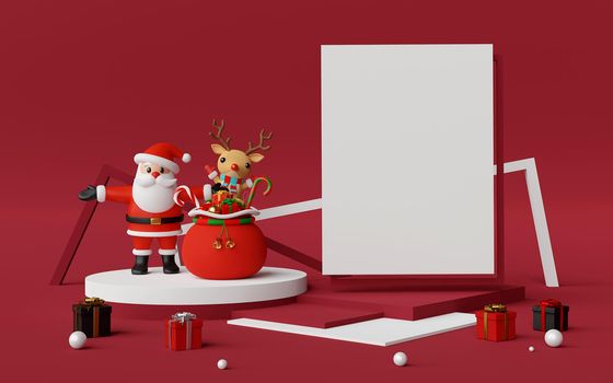 Merry Christmas and Happy New Year, Scene of Podium and copy space with Santa Claus and reindeer, 3d rendering