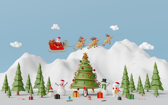 Merry Christmas and Happy New Year, Scene of Christmas celebration with Santa Claus and friend at the snow mountain, 3d rendering