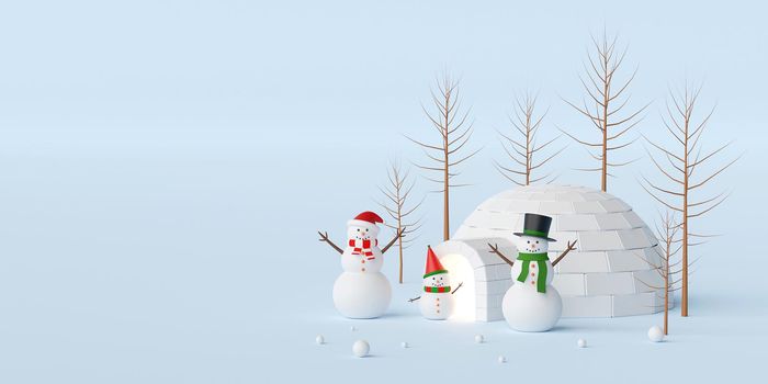 Merry Christmas and Happy New Year, Christmas banner with snowman and igloo, 3d rendering