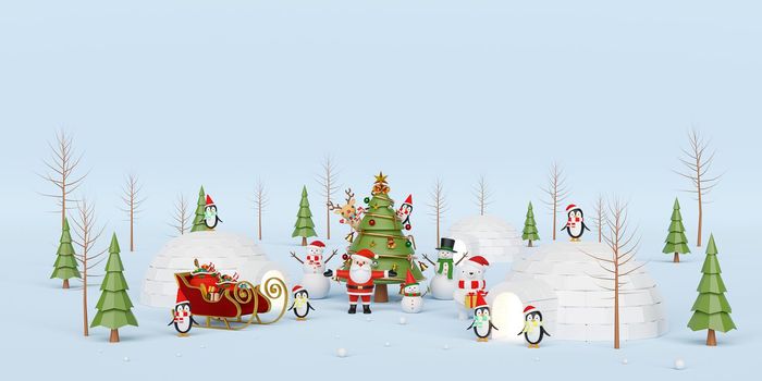 Merry Christmas and Happy New Year, Christmas celebration with Santa Claus and friend, 3d rendering