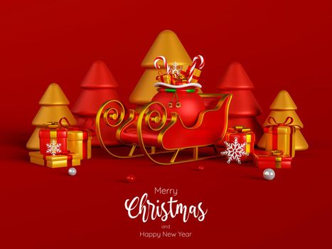 Sleigh and Christmas gifts with Xmas tree on a red background, 3d illustration