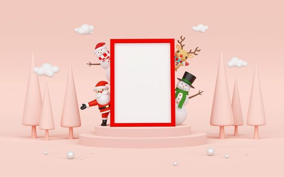 Merry Christmas and Happy New Year, Santa Claus and friends with blank frame for content, 3d rendering