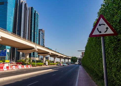 Dubai, UAE - 10.04.2021 Modern buildings and famous landmarks along Sheikh Zayed road