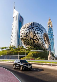 Dubai, UAE - 10.04.2021 Close up shot of Museum of future and other popular buildings along Sheikh Zayed road