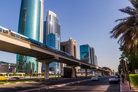 Dubai, UAE - 10.04.2021 Modern buildings and famous landmarks along Sheikh Zayed road