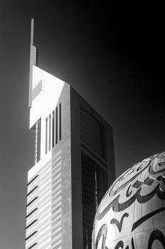 Dubai, UAE - 10.04.2021 Close up shot of Museum of future and Emirates towers