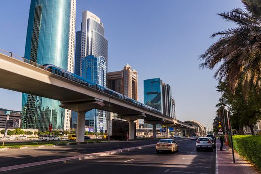 Dubai, UAE - 10.04.2021 Modern buildings and famous landmarks along Sheikh Zayed road