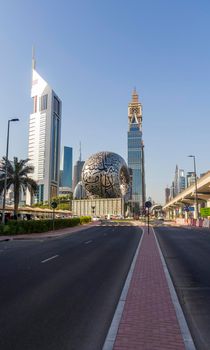 Dubai, UAE - 10.04.2021 Modern buildings and famous landmarks along Sheikh Zayed road