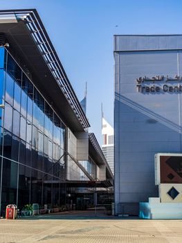 Dubai, UAE - 10.04.2021 World trade center with Emirates towers in the background