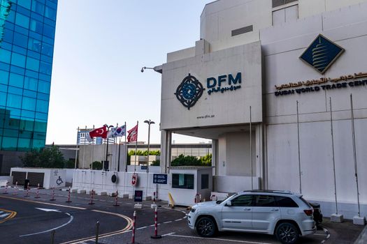 Dubai, UAE - 10.04.2021 Entrance to the Dubai Financial Market building