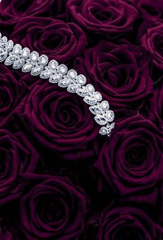 Luxe branding, glamour fashion and boutique shopping concept - Luxury diamond jewelry bracelet and purple roses flowers, love gift on Valentines Day and jewellery brand holiday background design