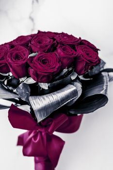 Gift for her, romantic relationship and floral design concept - Luxury bouquet of maroon roses on marble background, beautiful flowers as holiday love present on Valentines Day