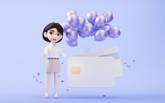 Cartoon girl with bank card, 3d rendering. Computer digital drawing.