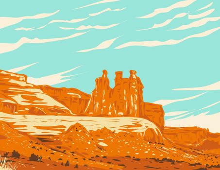 WPA poster art of Three Gossips sandstone tower atop a pedestal within Courthouse Towers cluster in Arches National Park in Moab, Utah, United States USA done in works project administration style.