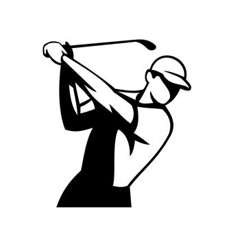 Mascot illustration of a golfer swinging golf club viewed from front on isolated white background done in retro black and white style.