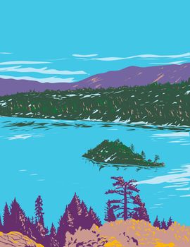 WPA poster art of Fannette Island in Lake Tahoe within Emerald Bay State Park in California, United States, USA done in works project administration style or federal art project style.