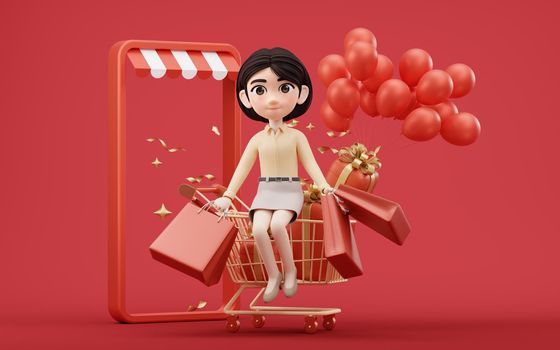 Cartoon girl with shopping cart, 3d rendering. Computer digital drawing.