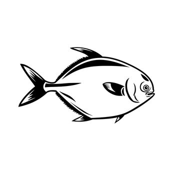 Mascot illustration of a golden pompano fish or Trachinotus in the family Carangidae a medium flavor fish viewed from side on isolated white background in retro black and white retro style.
