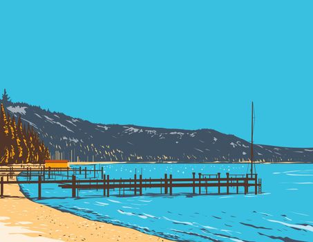 WPA poster art of McKinney Bay on the shore of Lake Tahoe in Placer County in the Sierra Nevada mountains of northern California, United States USA done in works project administration style.
