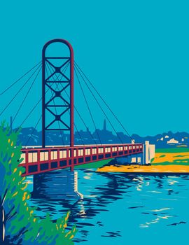 WPA poster art of Mishawaka Riverwalk bridge or St Joe River and pedestrian bridge over St Joseph River connecting Beutter Park to Battell Park in Indiana, USA in works project administration style.
