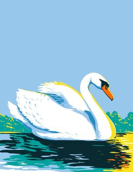 WPA poster art of a mute swan or Cygnus olor swimming in lake viewed from side done in works project administration style or federal art project style.