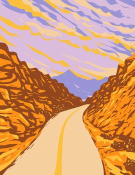 WPA poster art of Red Rock Canyon National Conservation Area in the Mojave Desert with road in Nevada USA done in works project administration style.