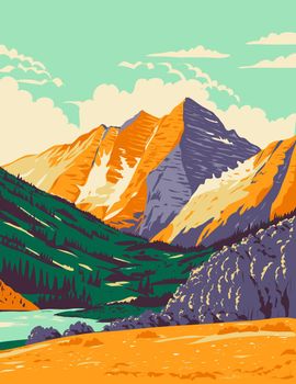 WPA poster art of the Maroon Bells in the Elk Mountains, Maroon Peak and North Maroon Peak in Pitkin County and Gunnison County, Colorado, United States USA done in works project administration style.