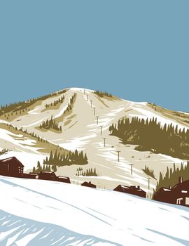 WPA poster art of Steamboat Ski Resort in Steamboat Springs located in Routt County, Colorado, United States USA done in works project administration style or federal art project style.
