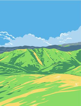 WPA poster art of Kankoka Hills or Kangkoka Hills located in Abihilan, Candijay, Bohol, Philippines done in works project administration style  or federal art project style.