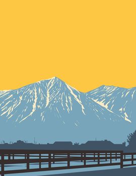 WPA poster art of Monument Peak and East Peak in South Lake Tahoe as viewed from Gardnerville in Douglas County, Nevada, United States USA done in works project administration style.