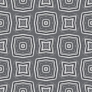 Ikat repeating swimwear design. Black symmetrical kaleidoscope background. Summer ikat sweamwear pattern. Textile ready favorable print, swimwear fabric, wallpaper, wrapping.