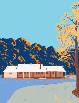 WPA poster art of a general store during fall in Virginia United States USA done in works project administration style or federal art project style.
